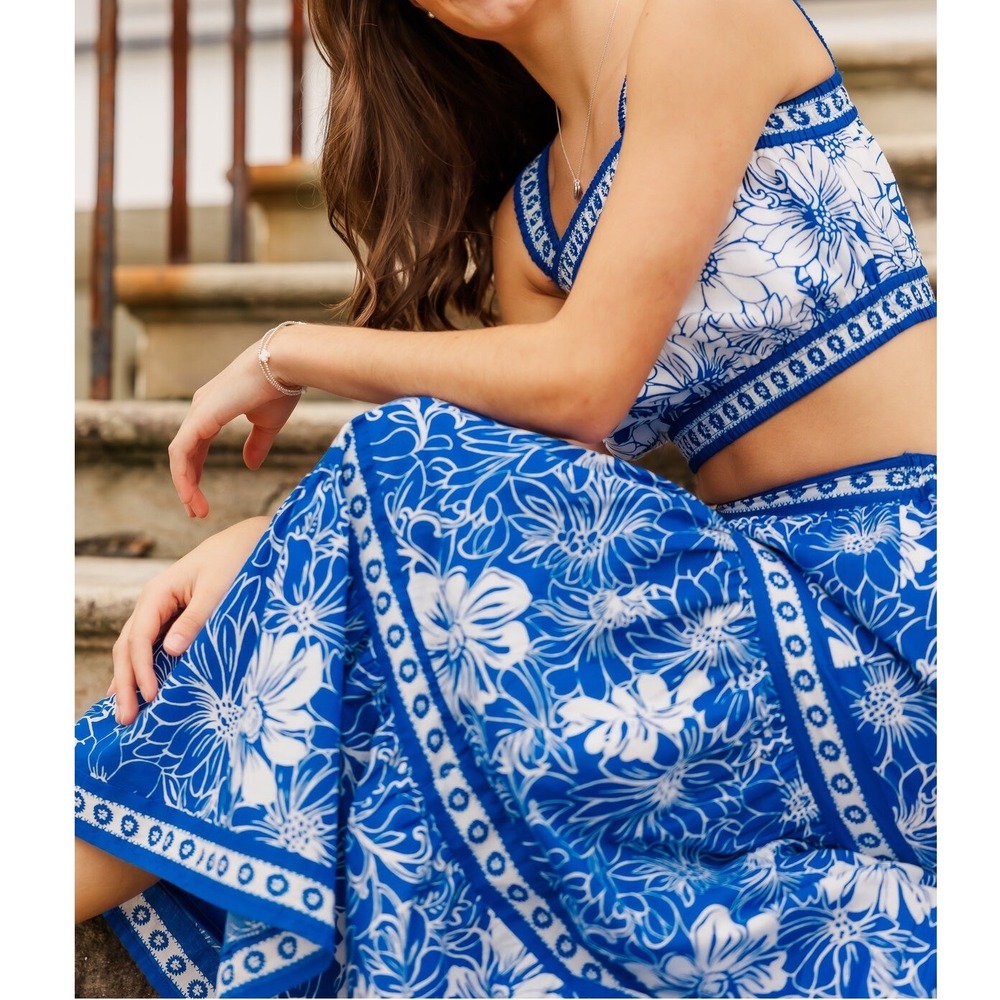 Japna Blue White Floral 2 Piece Set Cotton Crop Top Tiered Maxi Skirt Large
